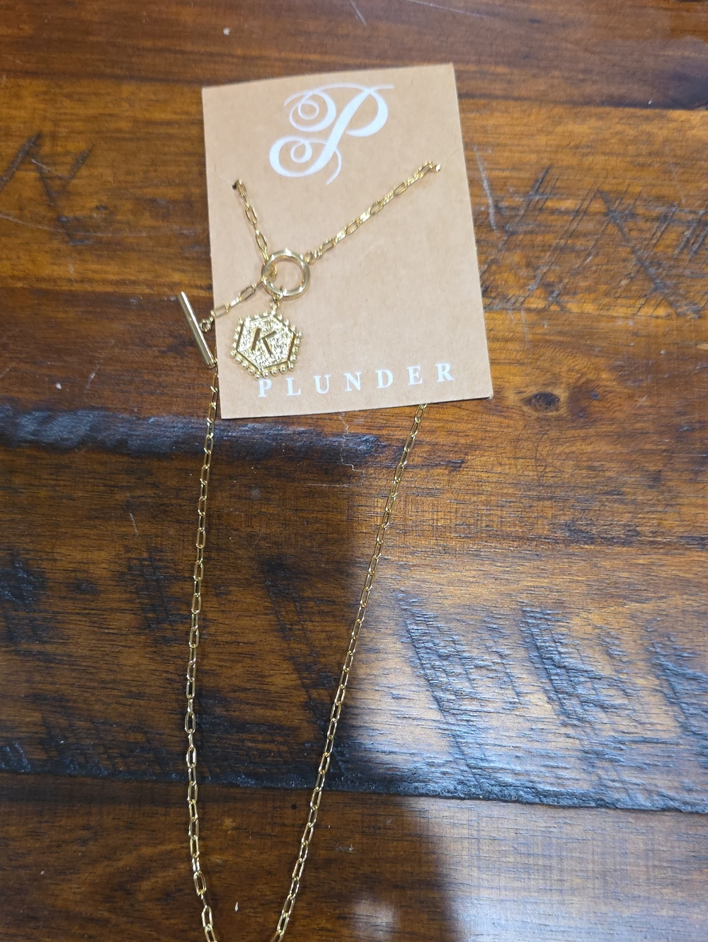 Plunder Gold Toggle Charm Necklace with Hexagon Pendant